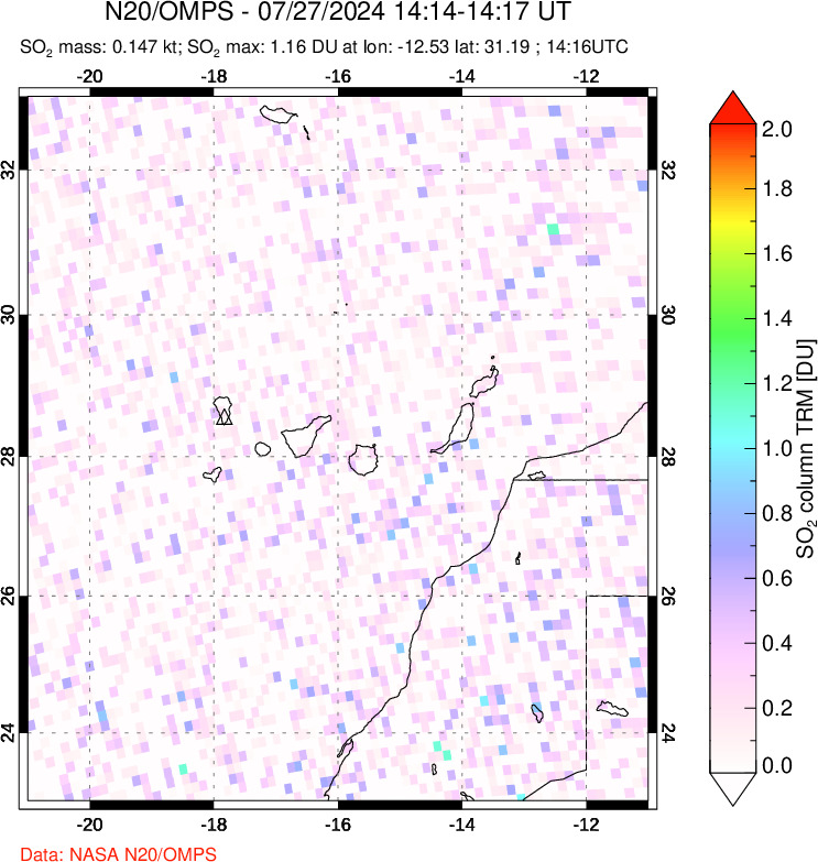 A sulfur dioxide image over Canary Islands on Jul 27, 2024.