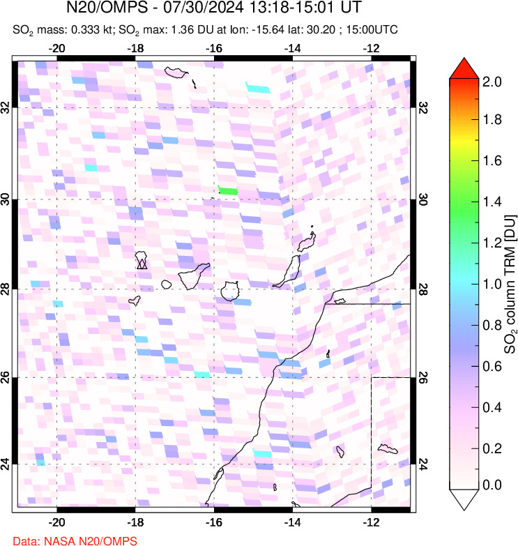 A sulfur dioxide image over Canary Islands on Jul 30, 2024.