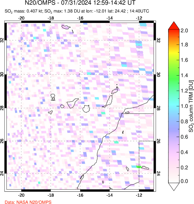 A sulfur dioxide image over Canary Islands on Jul 31, 2024.