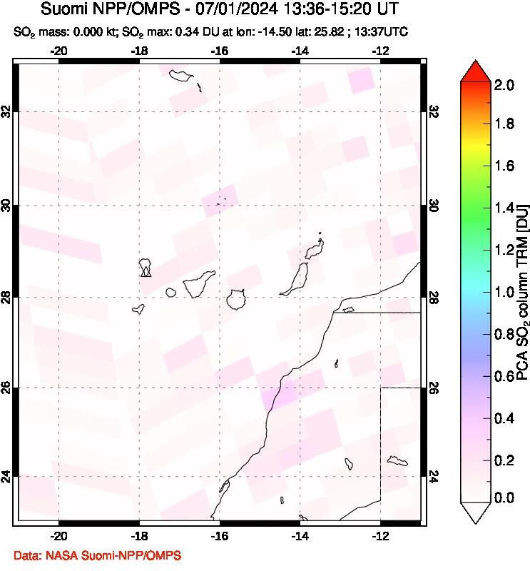 A sulfur dioxide image over Canary Islands on Jul 01, 2024.