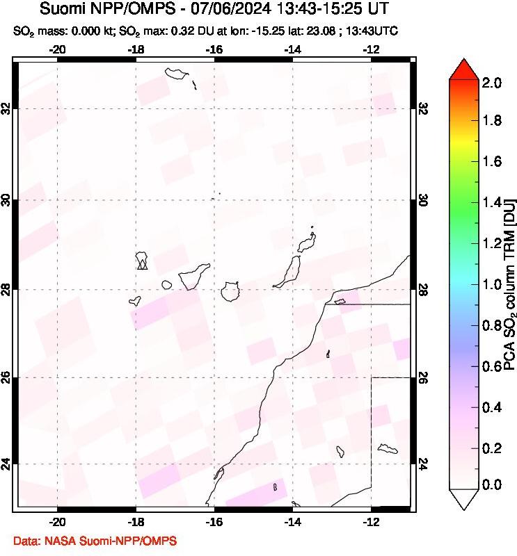 A sulfur dioxide image over Canary Islands on Jul 06, 2024.