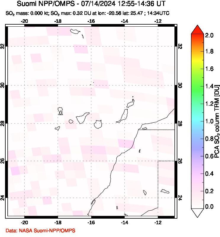 A sulfur dioxide image over Canary Islands on Jul 14, 2024.