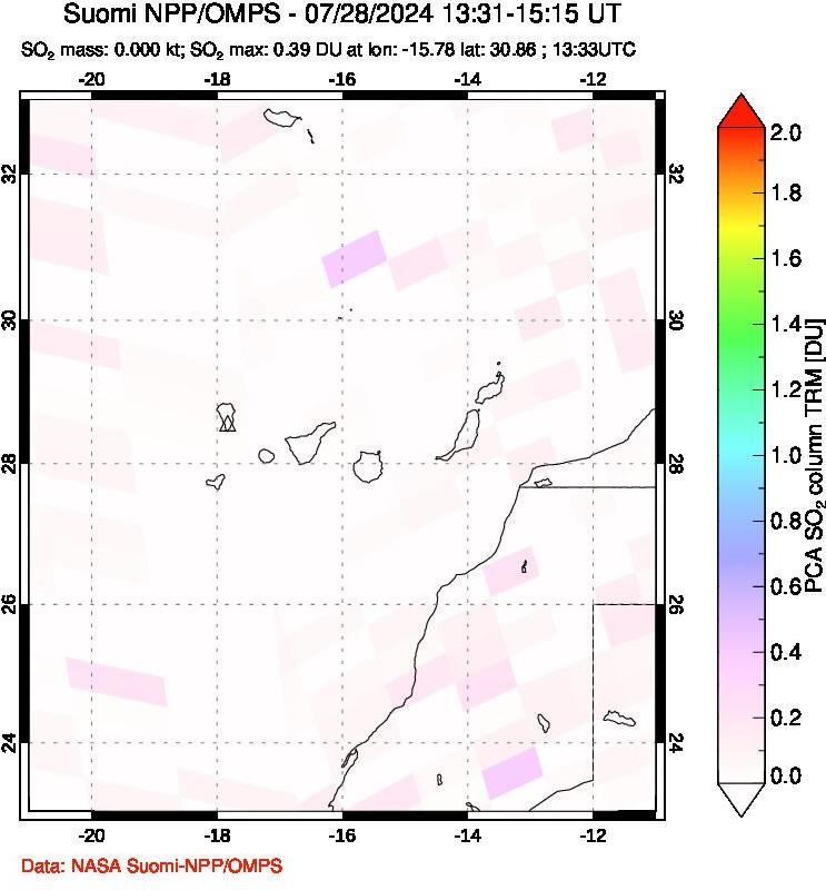 A sulfur dioxide image over Canary Islands on Jul 28, 2024.