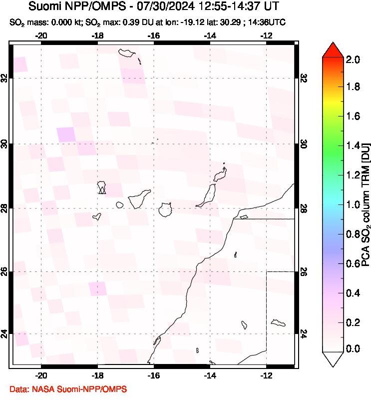 A sulfur dioxide image over Canary Islands on Jul 30, 2024.