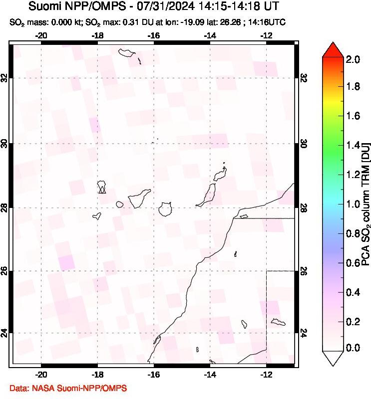 A sulfur dioxide image over Canary Islands on Jul 31, 2024.