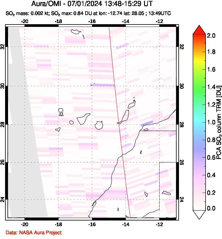 A sulfur dioxide image over Canary Islands on Jul 01, 2024.