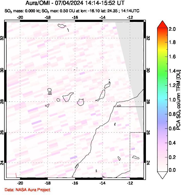 A sulfur dioxide image over Canary Islands on Jul 04, 2024.