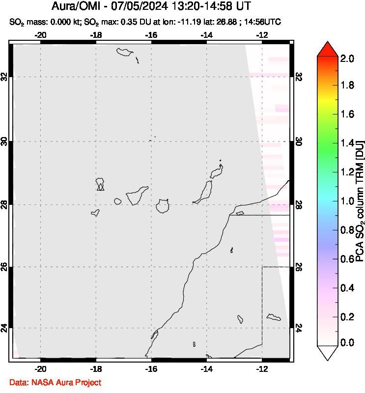 A sulfur dioxide image over Canary Islands on Jul 05, 2024.