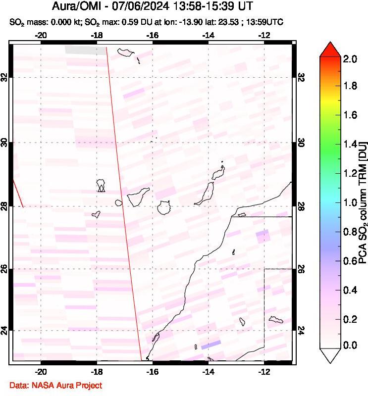 A sulfur dioxide image over Canary Islands on Jul 06, 2024.