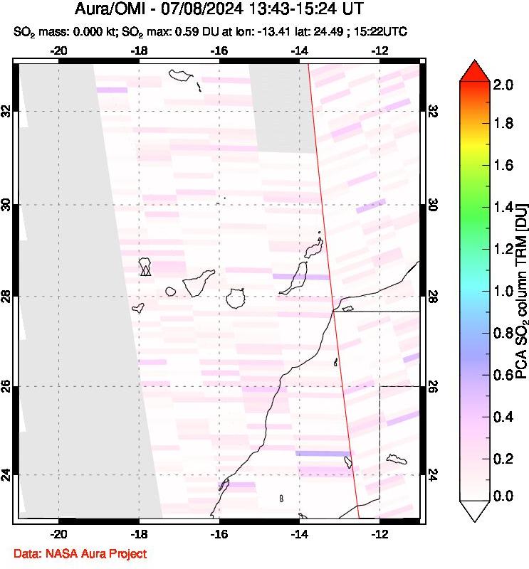 A sulfur dioxide image over Canary Islands on Jul 08, 2024.