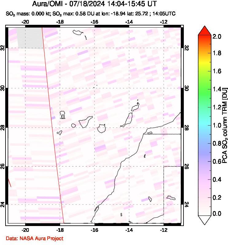 A sulfur dioxide image over Canary Islands on Jul 18, 2024.