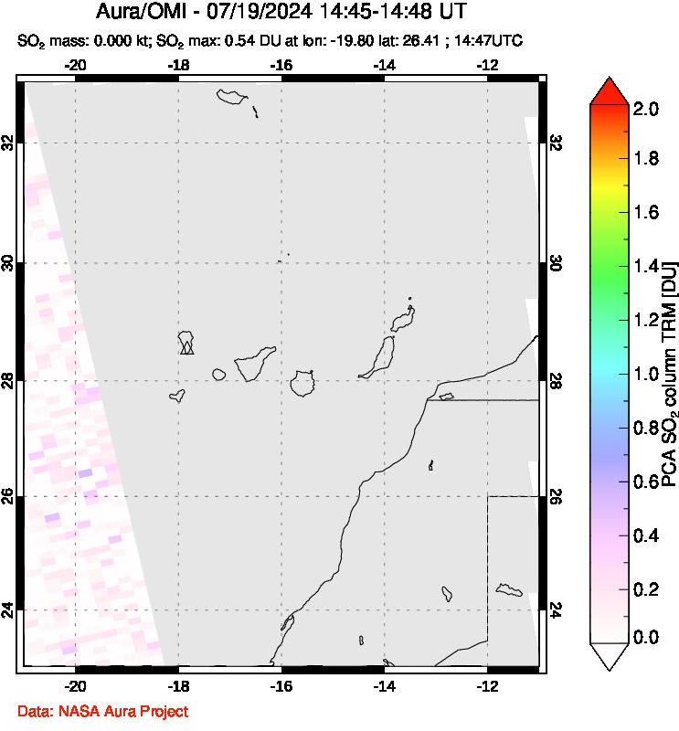 A sulfur dioxide image over Canary Islands on Jul 19, 2024.