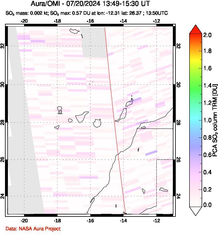 A sulfur dioxide image over Canary Islands on Jul 20, 2024.