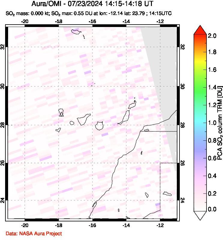 A sulfur dioxide image over Canary Islands on Jul 23, 2024.