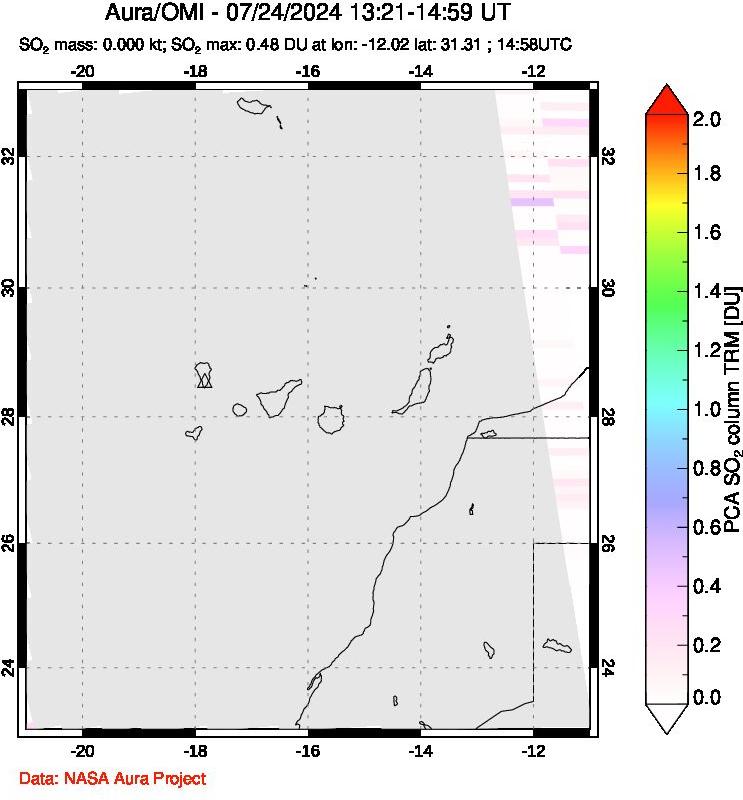 A sulfur dioxide image over Canary Islands on Jul 24, 2024.