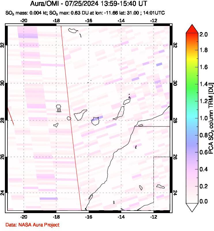 A sulfur dioxide image over Canary Islands on Jul 25, 2024.