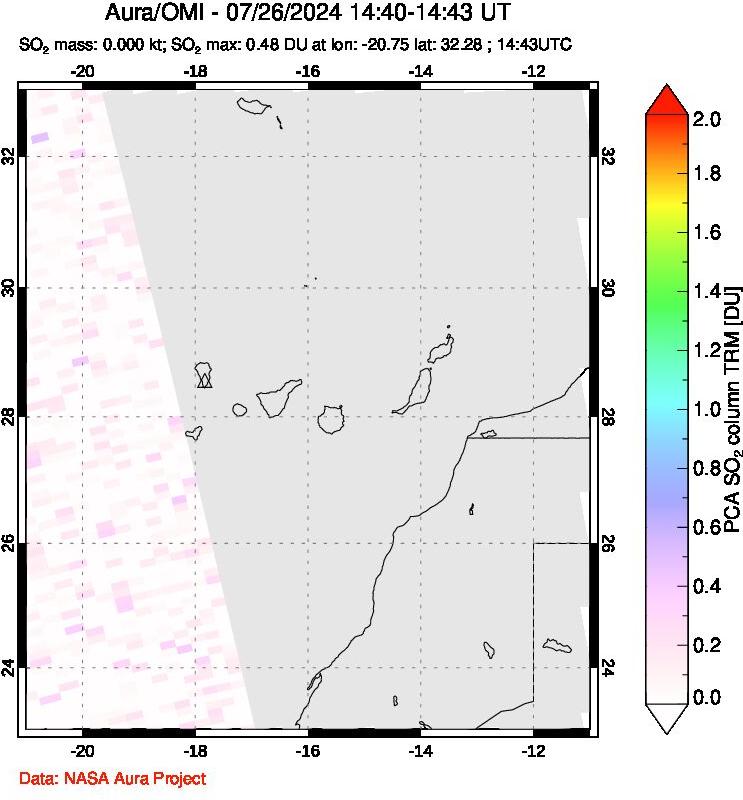 A sulfur dioxide image over Canary Islands on Jul 26, 2024.