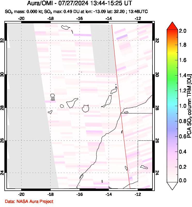 A sulfur dioxide image over Canary Islands on Jul 27, 2024.