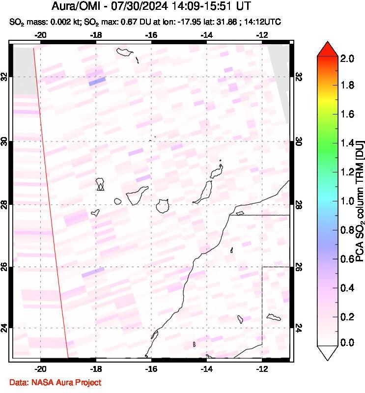 A sulfur dioxide image over Canary Islands on Jul 30, 2024.