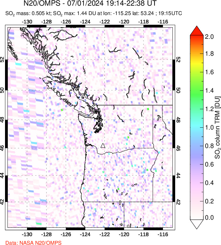 A sulfur dioxide image over Cascade Range, USA on Jul 01, 2024.