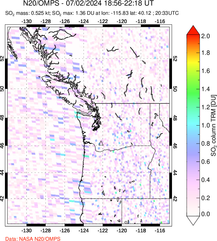 A sulfur dioxide image over Cascade Range, USA on Jul 02, 2024.