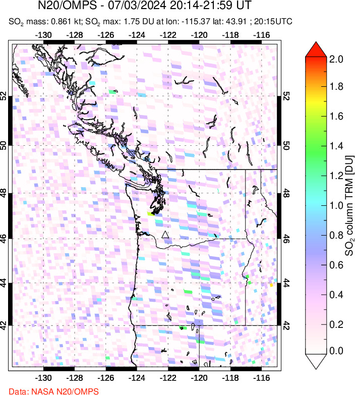 A sulfur dioxide image over Cascade Range, USA on Jul 03, 2024.