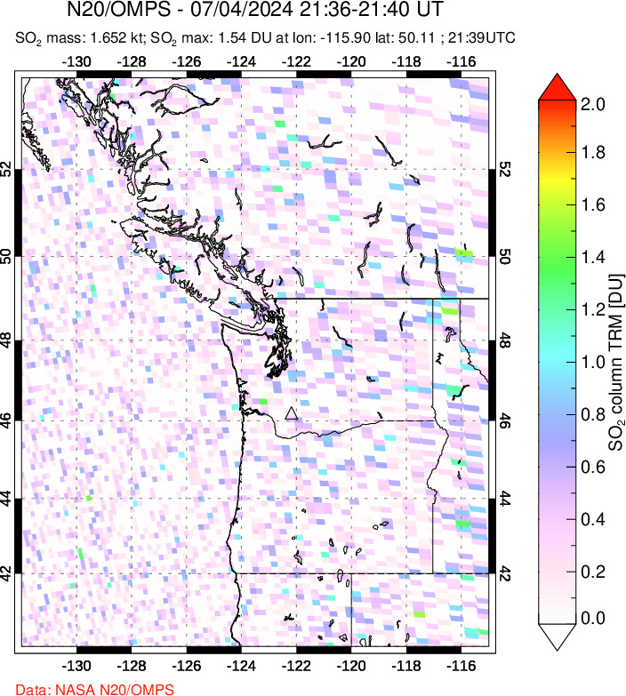 A sulfur dioxide image over Cascade Range, USA on Jul 04, 2024.