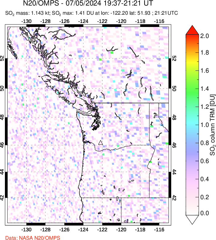 A sulfur dioxide image over Cascade Range, USA on Jul 05, 2024.