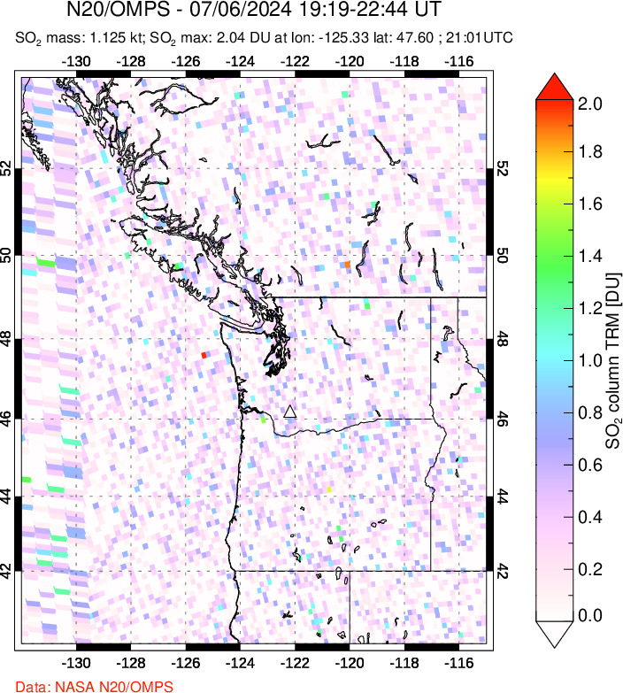 A sulfur dioxide image over Cascade Range, USA on Jul 06, 2024.