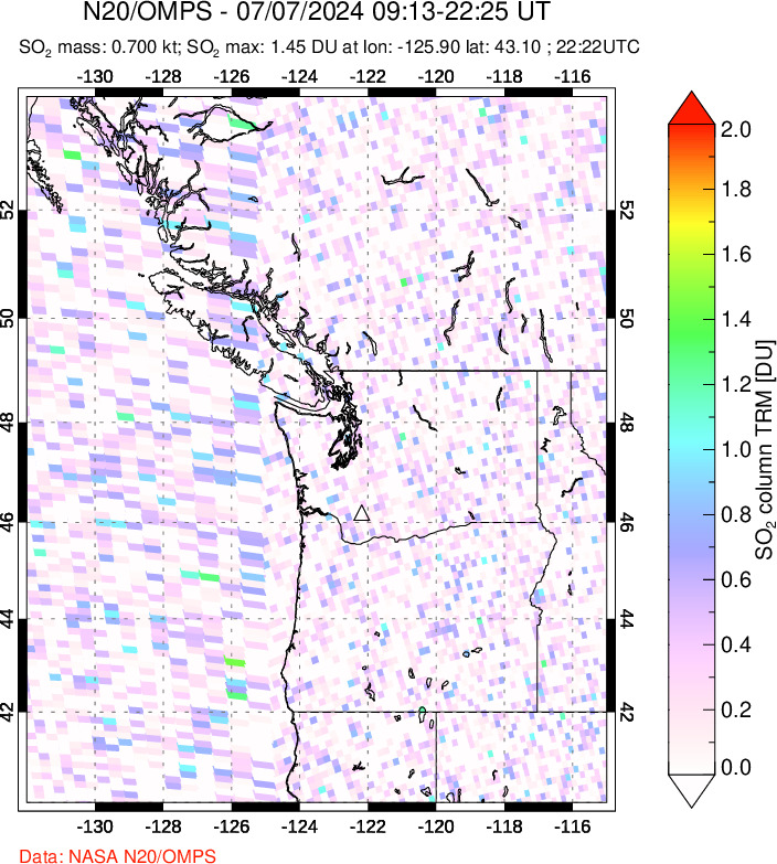 A sulfur dioxide image over Cascade Range, USA on Jul 07, 2024.