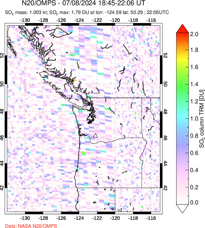 A sulfur dioxide image over Cascade Range, USA on Jul 08, 2024.