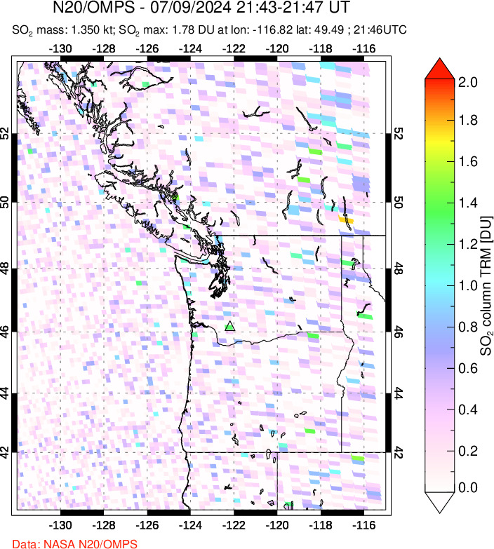 A sulfur dioxide image over Cascade Range, USA on Jul 09, 2024.