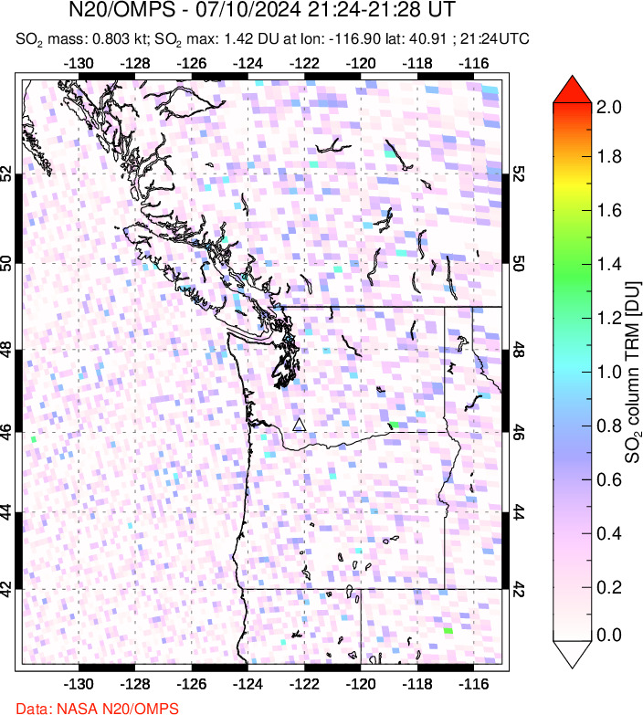 A sulfur dioxide image over Cascade Range, USA on Jul 10, 2024.