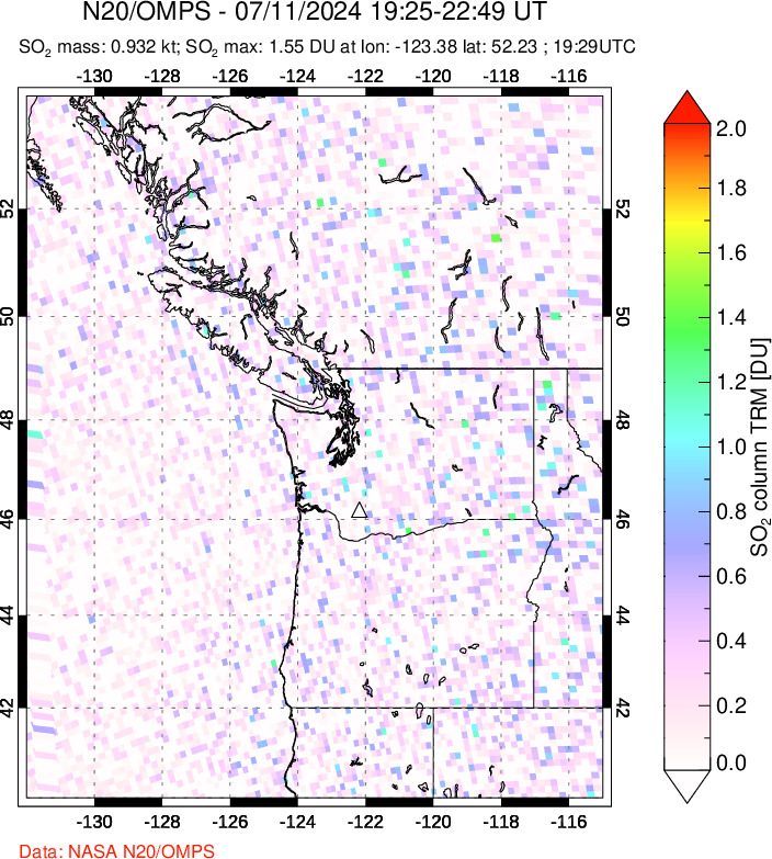 A sulfur dioxide image over Cascade Range, USA on Jul 11, 2024.