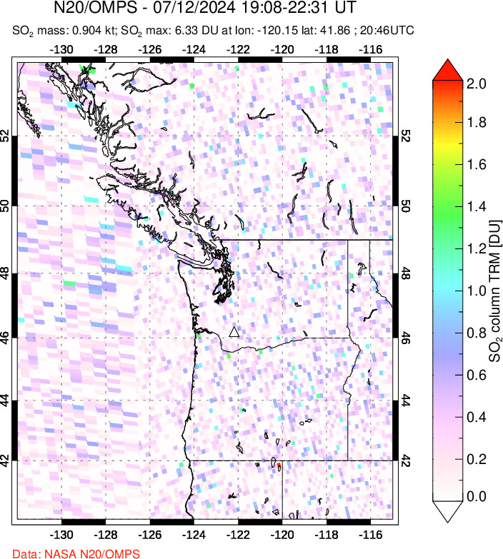 A sulfur dioxide image over Cascade Range, USA on Jul 12, 2024.