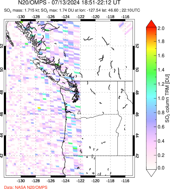 A sulfur dioxide image over Cascade Range, USA on Jul 13, 2024.