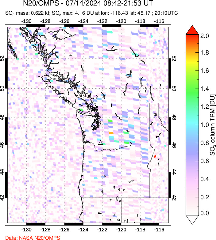 A sulfur dioxide image over Cascade Range, USA on Jul 14, 2024.