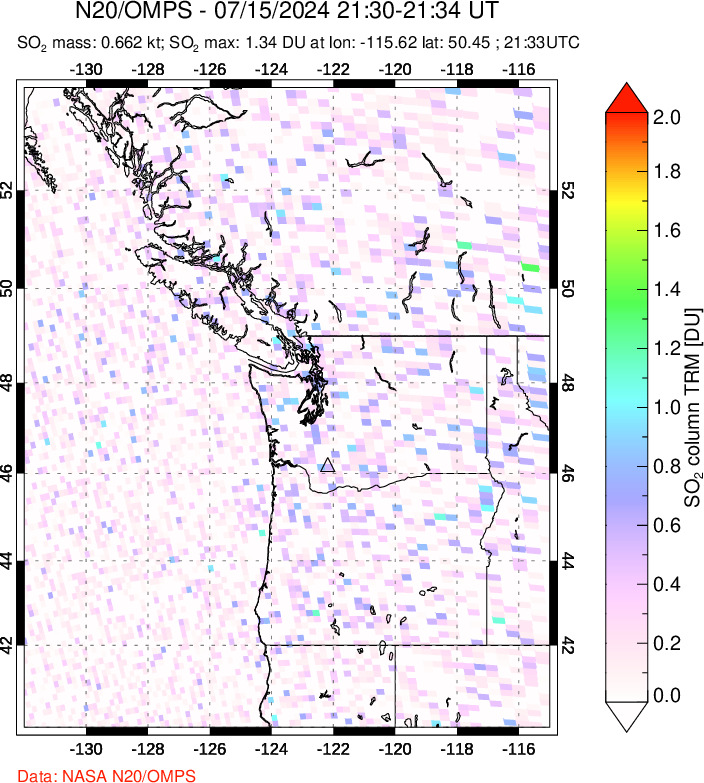 A sulfur dioxide image over Cascade Range, USA on Jul 15, 2024.