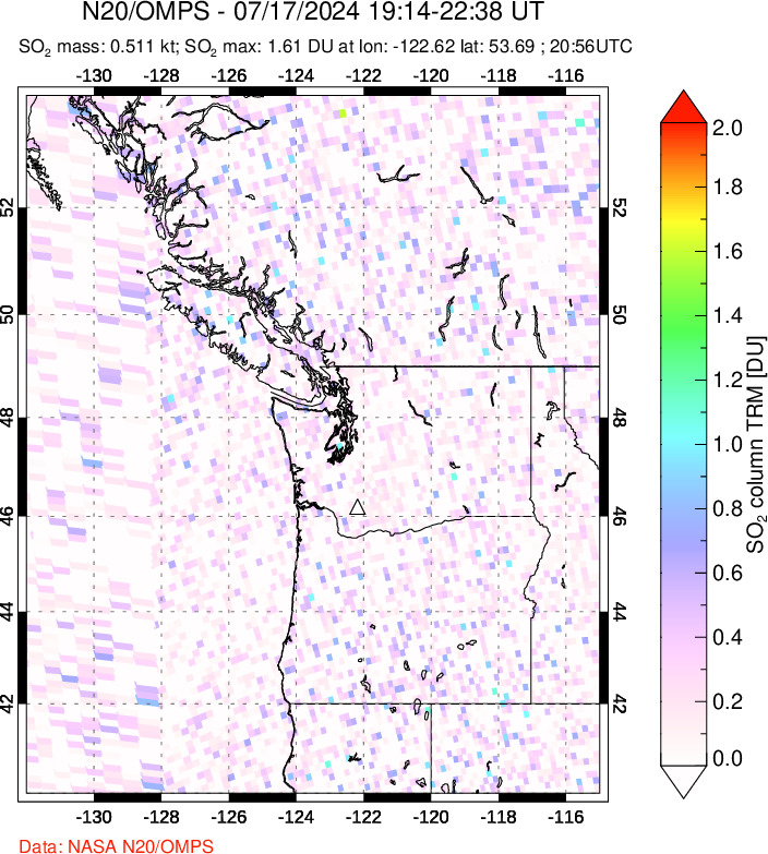 A sulfur dioxide image over Cascade Range, USA on Jul 17, 2024.