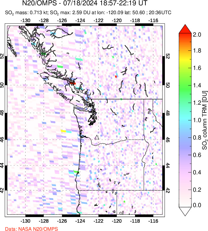 A sulfur dioxide image over Cascade Range, USA on Jul 18, 2024.