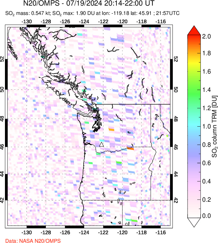 A sulfur dioxide image over Cascade Range, USA on Jul 19, 2024.