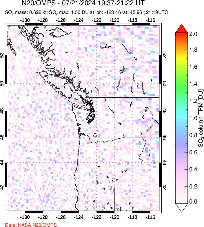 A sulfur dioxide image over Cascade Range, USA on Jul 21, 2024.