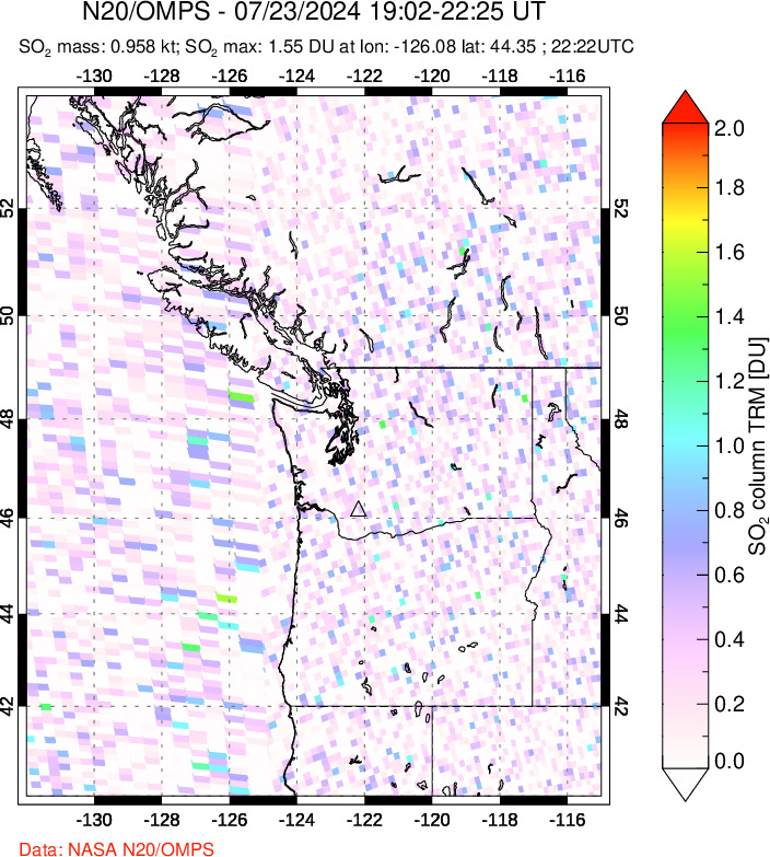 A sulfur dioxide image over Cascade Range, USA on Jul 23, 2024.