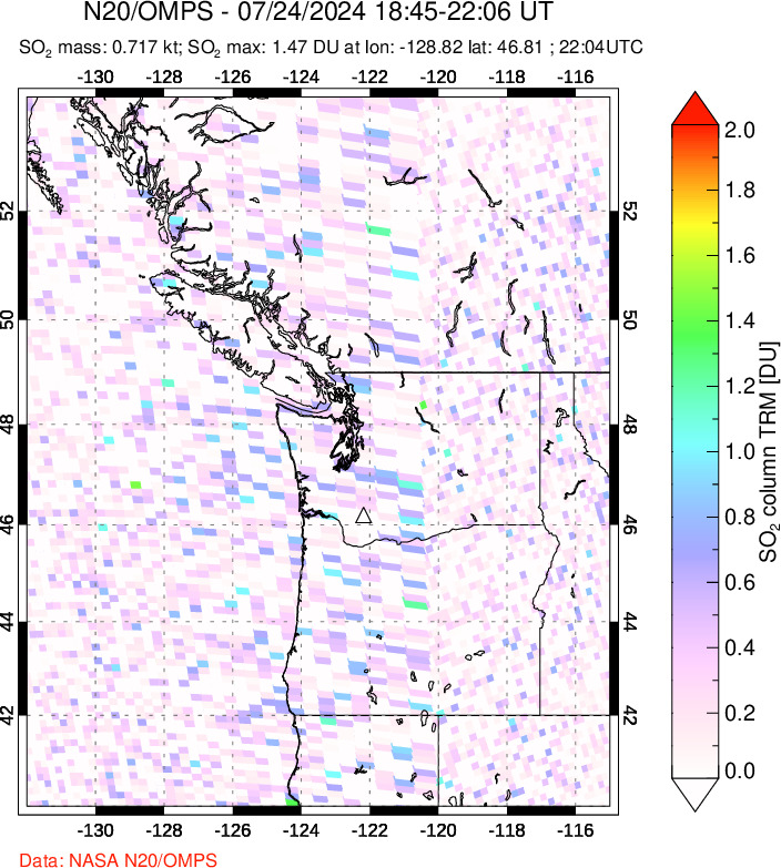 A sulfur dioxide image over Cascade Range, USA on Jul 24, 2024.