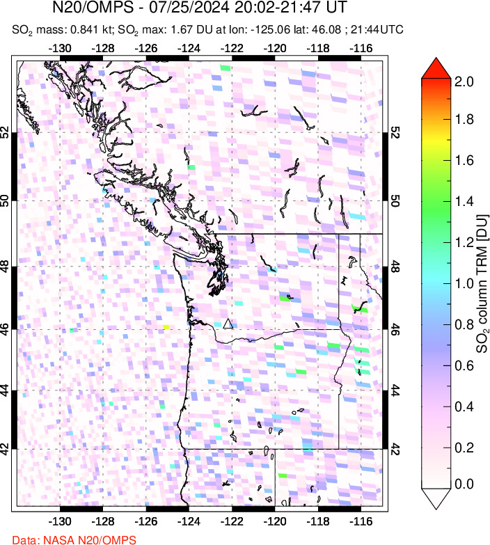 A sulfur dioxide image over Cascade Range, USA on Jul 25, 2024.