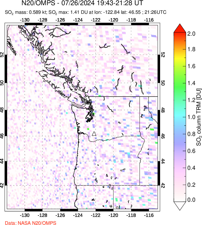 A sulfur dioxide image over Cascade Range, USA on Jul 26, 2024.