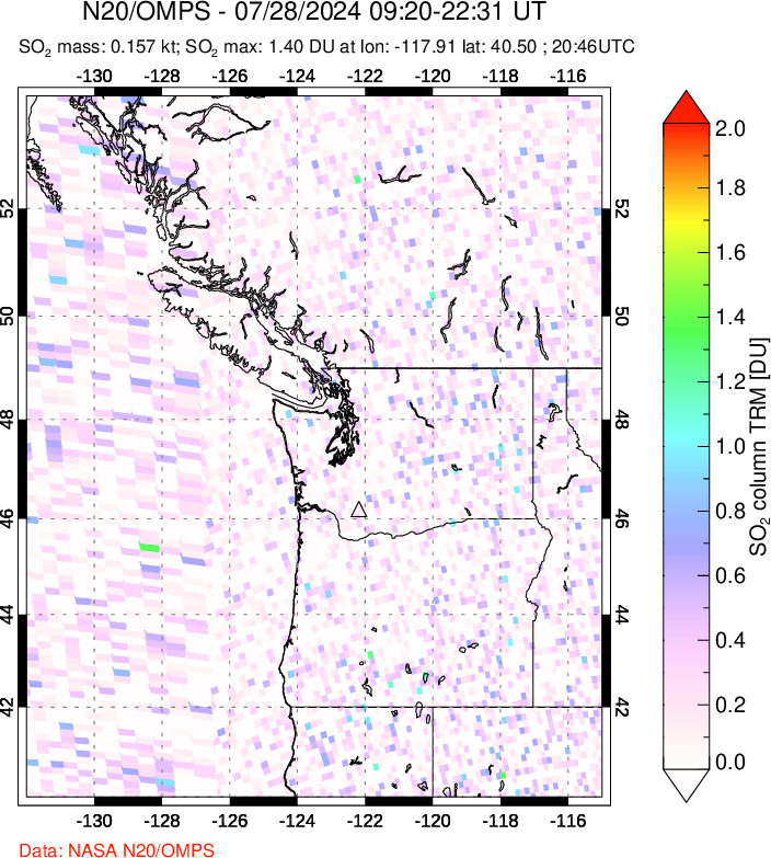 A sulfur dioxide image over Cascade Range, USA on Jul 28, 2024.