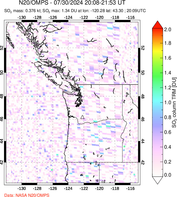 A sulfur dioxide image over Cascade Range, USA on Jul 30, 2024.