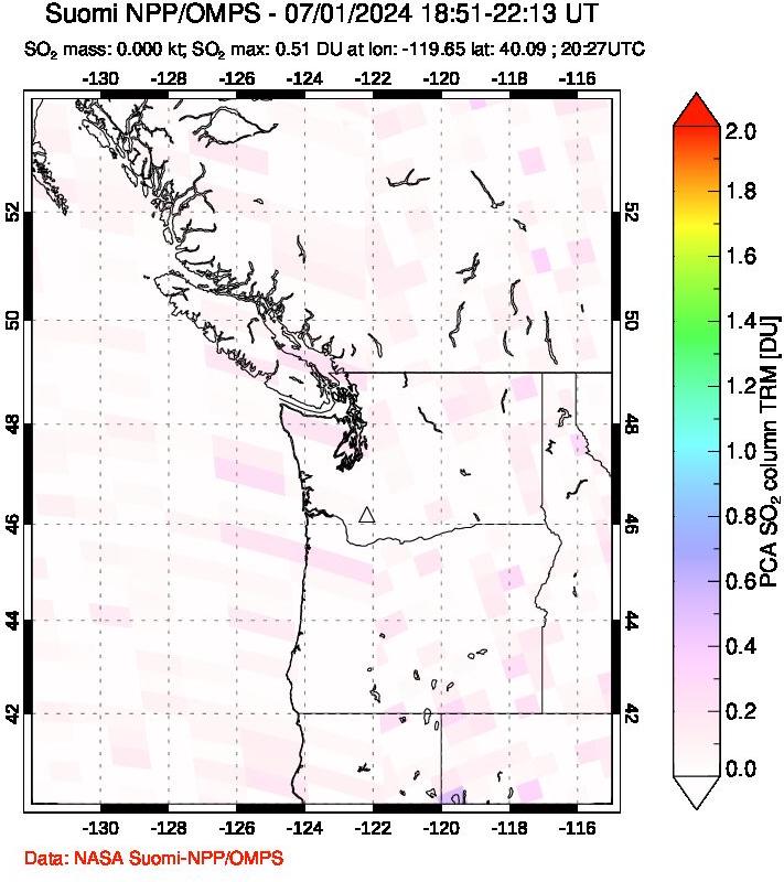 A sulfur dioxide image over Cascade Range, USA on Jul 01, 2024.