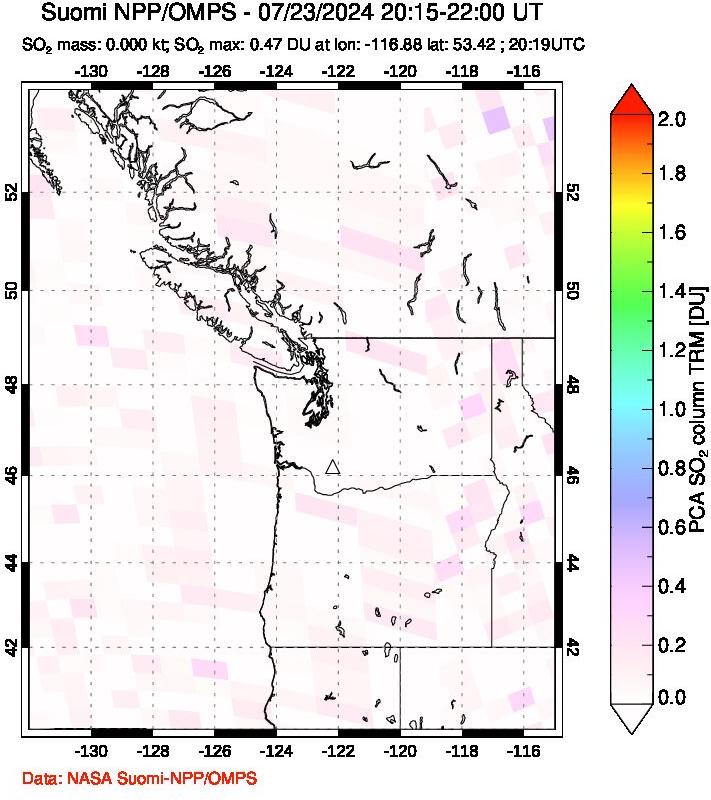 A sulfur dioxide image over Cascade Range, USA on Jul 23, 2024.